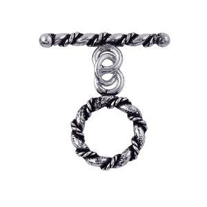 Silver Overlay rustic rope toggle clasp with circular twisted ring and bar, wholesale Bali jewelry finding for bracelets and necklaces.