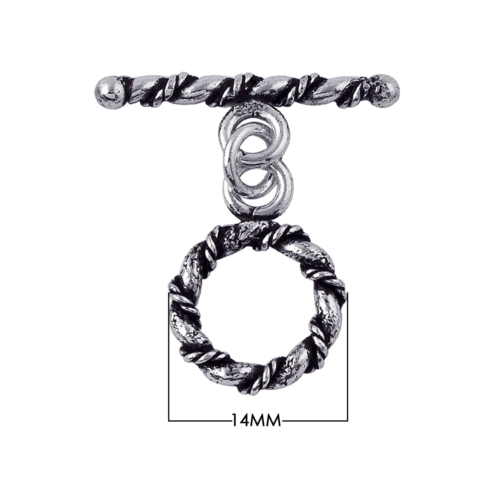 Silver Overlay rustic rope toggle clasp with circular twisted ring and bar, wholesale Bali jewelry finding for bracelets and necklaces.
