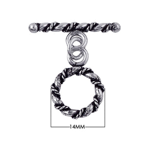 Silver Overlay rustic rope toggle clasp with circular twisted ring and bar, wholesale Bali jewelry finding for bracelets and necklaces.