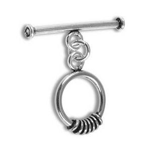 Silver Overlay round toggle clasp with coil wire accent and straight bar, wholesale jewelry finding for bracelets and necklaces.