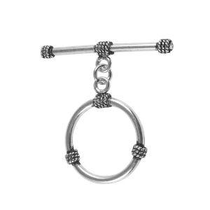 Silver Overlay round toggle clasp with rope accents in bulk, handcrafted in India – durable bar and loop design for jewelry making supplies.