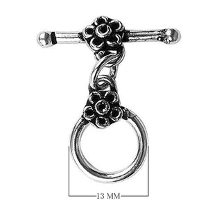 Silver Overlay floral toggle clasp with round loop and flower motif accents, handcrafted jewelry finding for wholesale buyers, handcrafted in India.