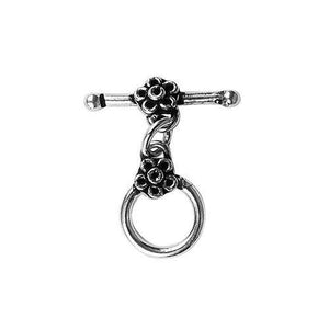 Silver Overlay floral toggle clasp with round loop and flower motif accents, handcrafted jewelry finding for wholesale buyers, handcrafted in India.