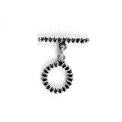 Silver Overlay textured toggle clasp with circular ridged loop and matching bar, handcrafted jewelry finding for wholesale buyers, handcrafted in India.