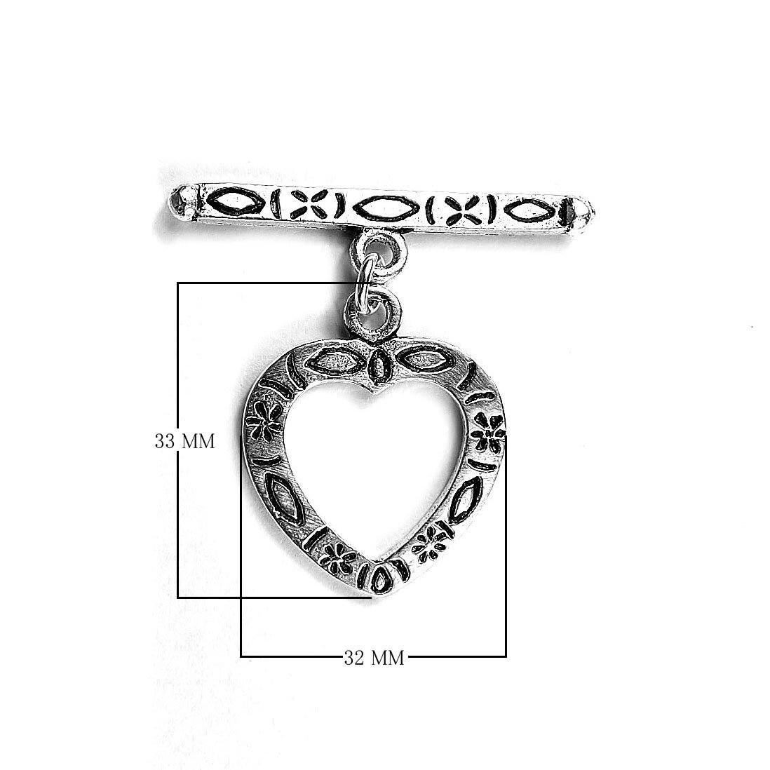 Silver Overlay floral heart toggle clasp with engraved heart-shaped loop and decorative bar, handcrafted jewelry finding for wholesale buyers, handcrafted in India.