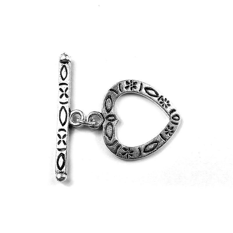 Silver Overlay floral heart toggle clasp with engraved heart-shaped loop and decorative bar, handcrafted jewelry finding for wholesale buyers, handcrafted in India.