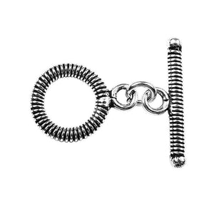 Silver Overlay coil round toggle clasp with circular loop and textured bar, handcrafted jewelry finding for wholesale buyers, handcrafted in India.