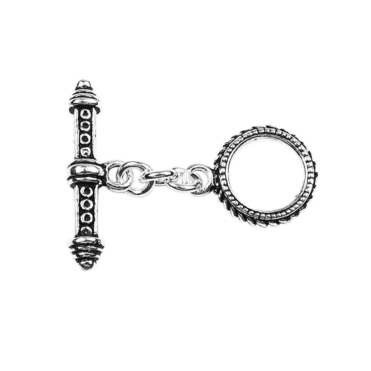 Silver Overlay toggle clasp with circular rope-edge ring and dotted bar design, handcrafted jewelry finding from India for bulk wholesale.